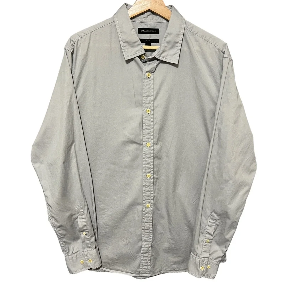 Banana Republic Mens Gray Slim Fit ‎ Cotton Long Sleeve Button Down Shirt
